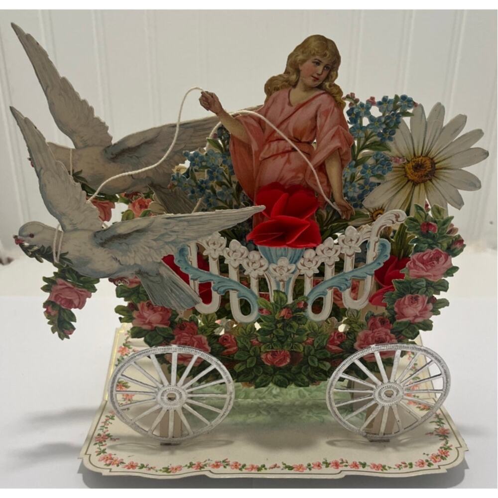 STUNNING VTG Dimensional Valentine Carriage w/ Doves, German Die Cut, 4 Tiers